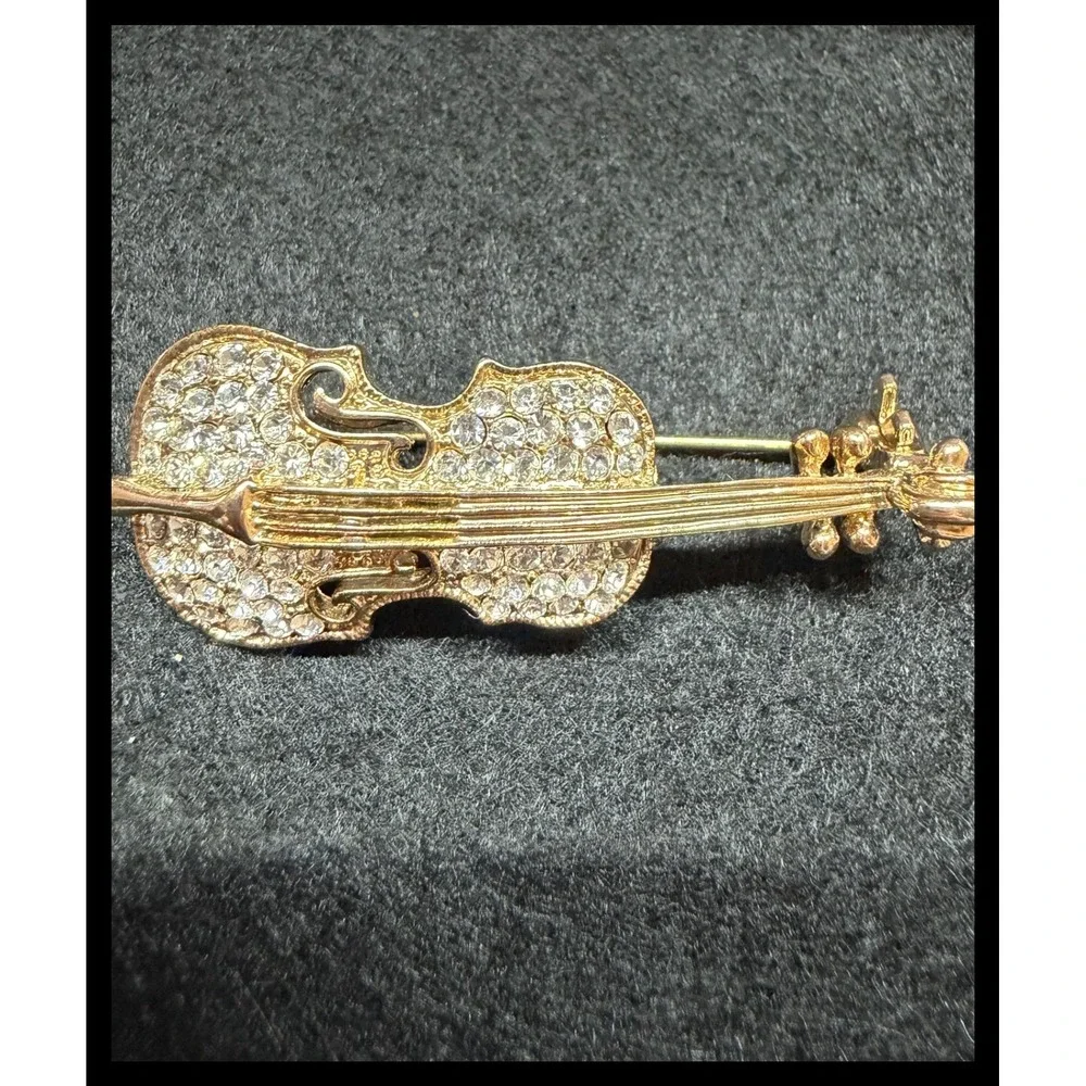 Violin Brooch Pin Small Gold Rhinestone Musical Instrument Jewelry